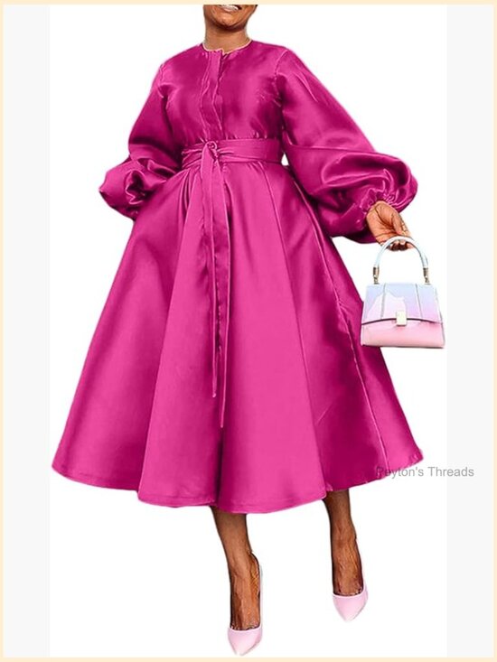 Dresses & Skirts - Women's Satin Long Sleeve A Line Maxi Dress with Belt Pockets